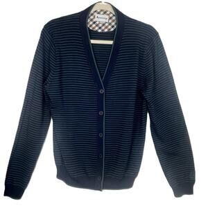 Aquascutum Golf‎ Women’s XL Navy Green Stripe Wool Cardigan Preppy Collegiate